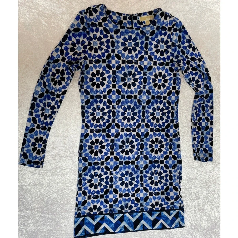 Michael Kors Sheath Dress Small Blue EUC Geometric Tile Print Long Sleeve
